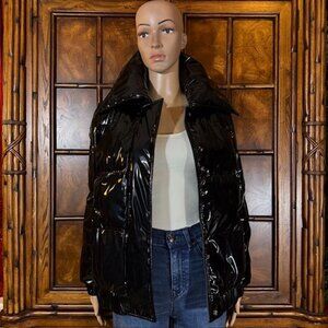 NWOT G by Giuliana Black Feather Down Filled Patent Faux Leather Puffer Jacket